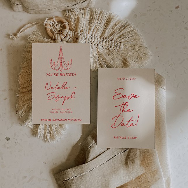 Hand Drawn Red Old Money Retro Quirky Wedding Spara Datumet (Skapare uppladdad)