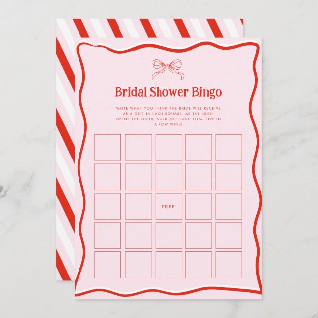 Hand Drawn Red Pink Bow Bridal Shower Bingo Game Inbjudningar (Fram/baksida)