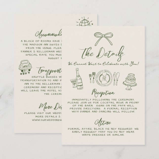 Hand Drawn Retro Wedding Details Tilläggskort (Fram/baksida)