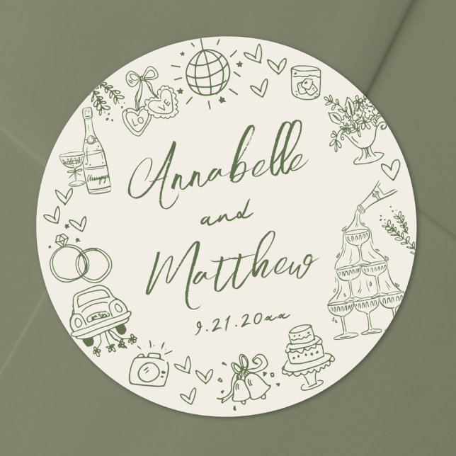 Hand Drawn Retro Wedding Runt Klistermärke (Hand Drawn Retro Wedding Classic Round Sticker)
