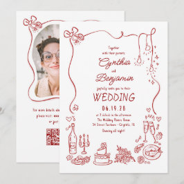 Hand Drawn Retro Whimsical Burgundy Wedding Photo Inbjudningar