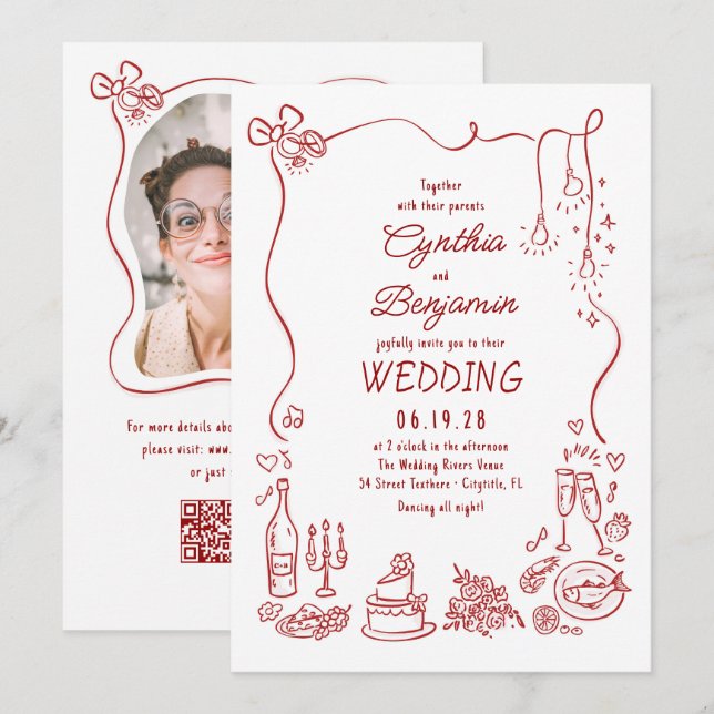 Hand Drawn Retro Whimsical Burgundy Wedding Photo Inbjudningar (Fram/baksida)