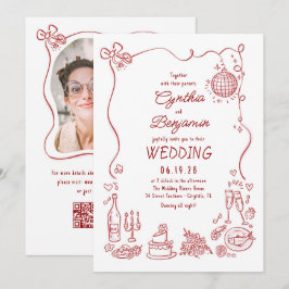 Hand Drawn Retro Whimsical Burgundy Wedding Photo Inbjudningar