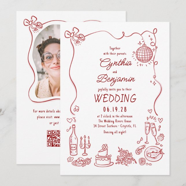 Hand Drawn Retro Whimsical Burgundy Wedding Photo Inbjudningar (Fram/baksida)