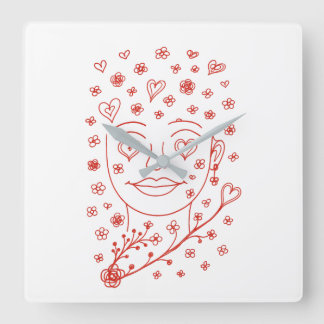 Hand-Drawn Romantic Line Art Face with Hearts and  Fyrkantig Klocka