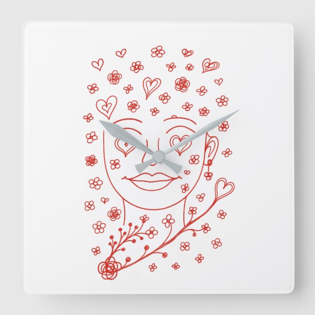 Hand-Drawn Romantic Line Art Face with Hearts and  Fyrkantig Klocka (Framsida)
