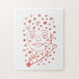 Hand-Drawn Romantic Line Art Face with Hearts and  Pussel