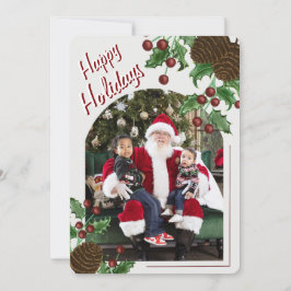 Hand Drawn Rustic Pinecone & Holly Christmas Photo Julkort