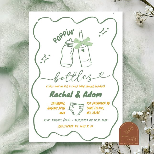 Hand Drawn Sage Green Poppin Bottles Baby Shower Inbjudningar (Skapare uppladdad)