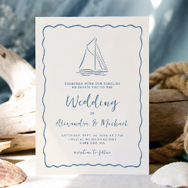 Hand Drawn Sailboat Blue Ivory Nautical Wedding Inbjudningar