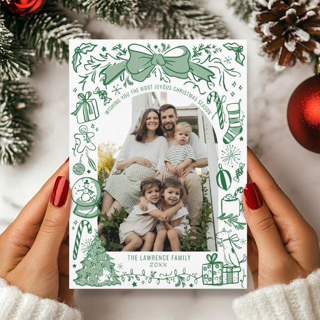 Hand Drawn Scribble Bow Green Arch Photo Christmas Julkort (Hand drawn Christmas bow tree green scribbles doodles simple whimsical cute arch photo holiday card)