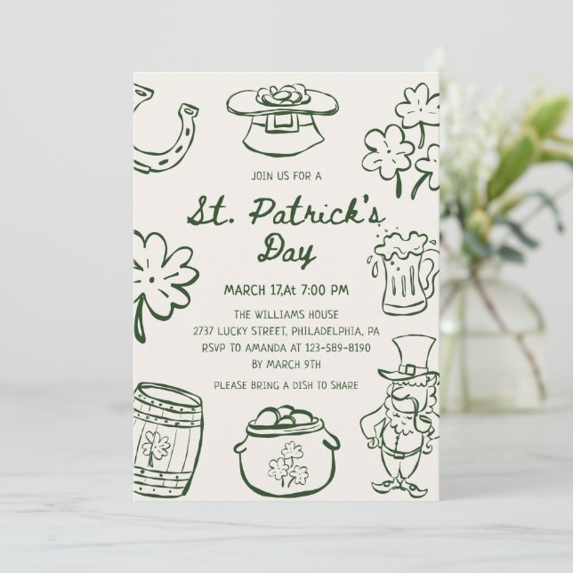 Hand Drawn Scribble Doodles St Patrick's Day Inbjudningar (Stående Fram)