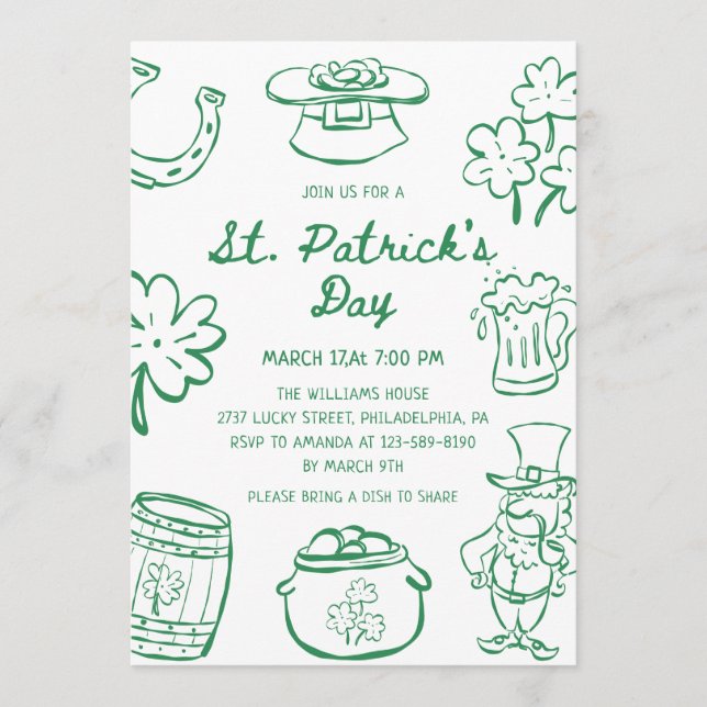 Hand Drawn Scribble Doodles St Patrick's Day Invit Inbjudningar (Framsida)