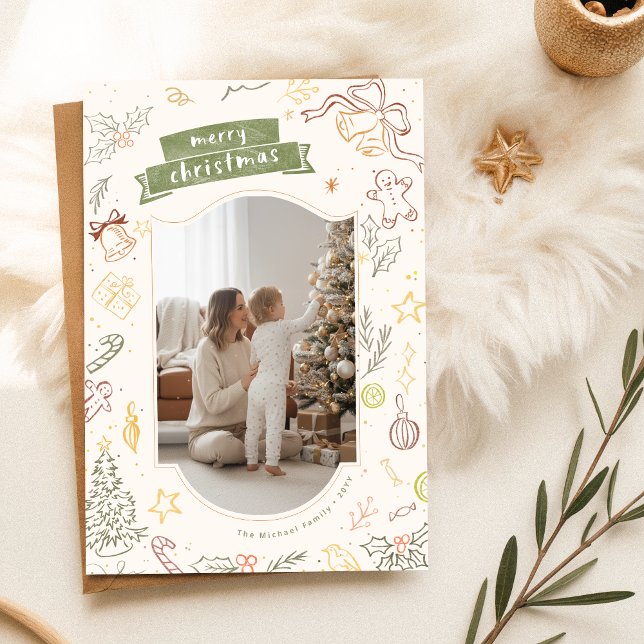 Hand Drawn Scribble Family Kid Photo Christmas Julkort (Skapare uppladdad)
