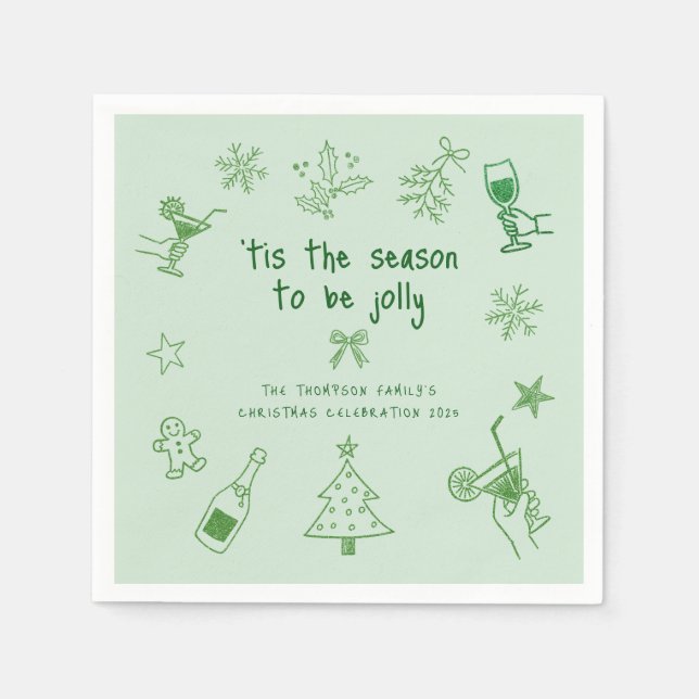Hand Drawn Scribble Glitter Green Christmas Party Pappersservett (Framsidan)
