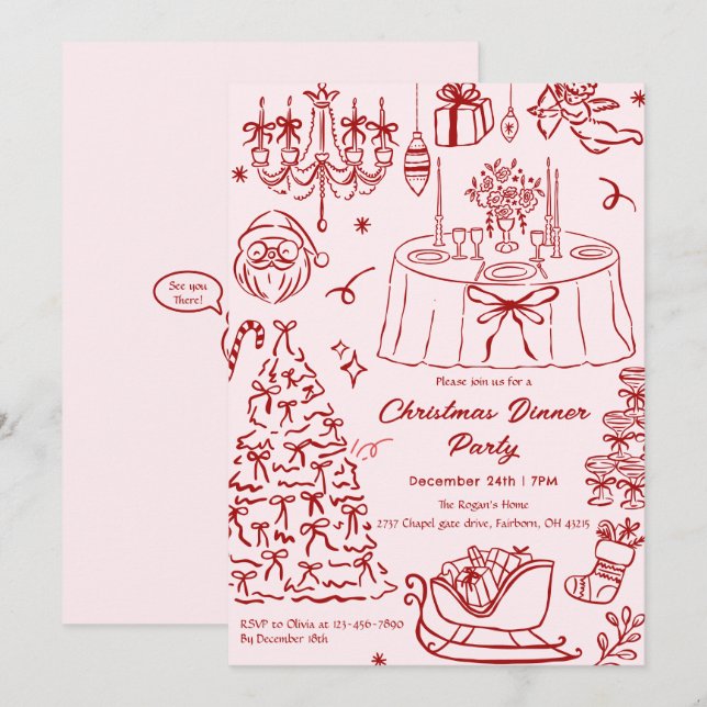 Hand Drawn Squiggle Doodles Christmas Party Invita Inbjudningar (Fram/baksida)