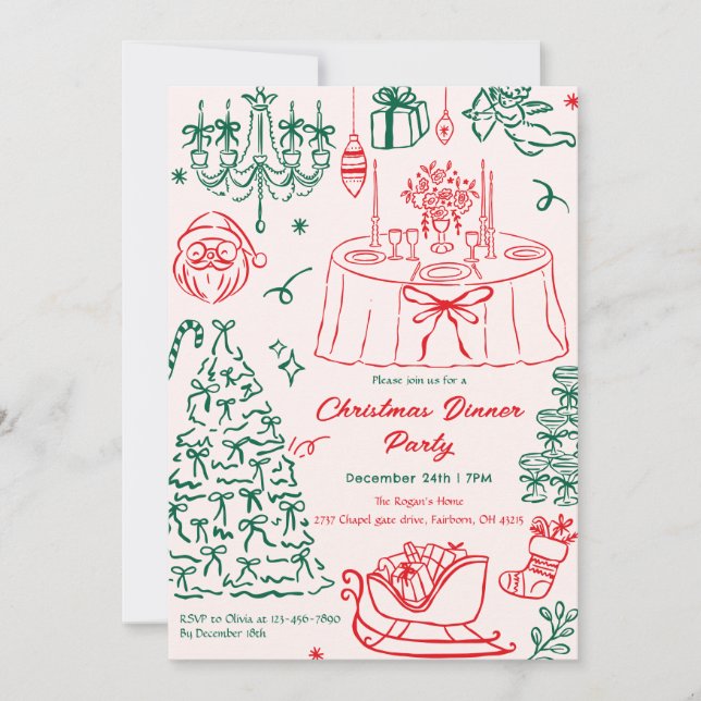 Hand Drawn Squiggle Doodles Christmas Party Invita Inbjudningar (Framsida)