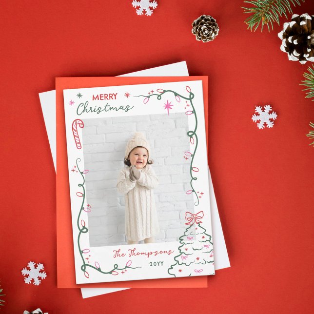 Hand-Drawn String Lights & Tree Merry Christmas Julkort (Skapare uppladdad)