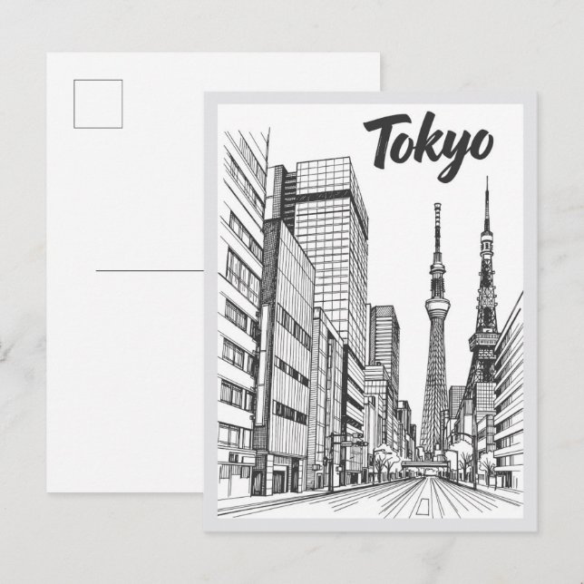 Hand drawn Tokyo Street Scene Landmark Vykort (Fram/baksida)