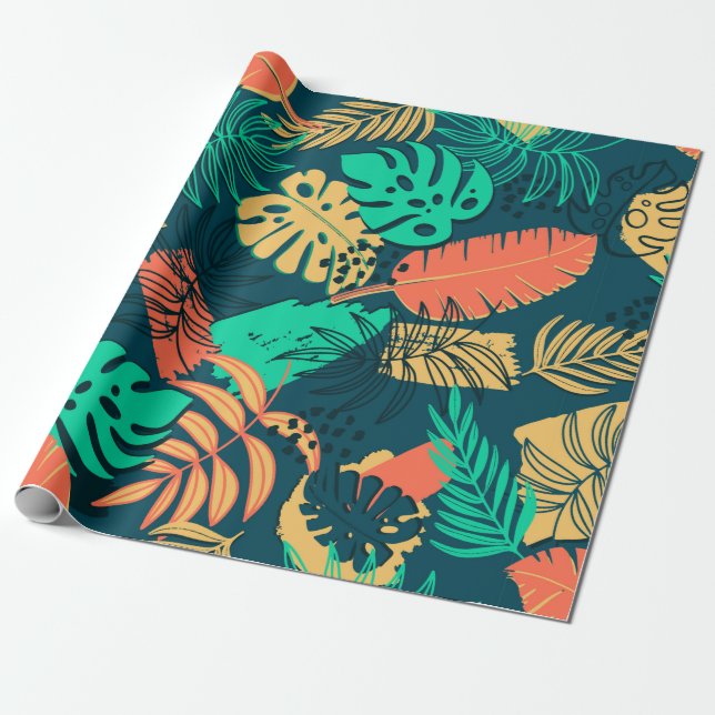 Hand drawn tropic flat pattern. Palm leaves backgr Presentpapper (Utrullad)