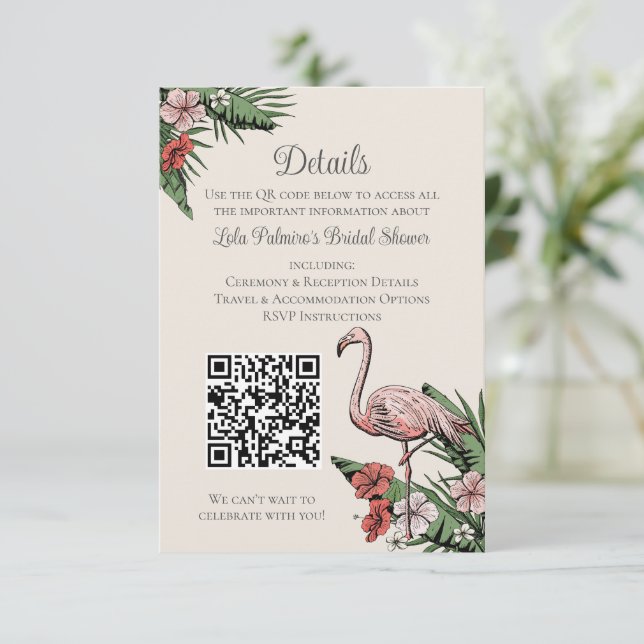 Hand-Drawn Tropical Flamingo QR Code Wedding Card Tilläggskort (Stående Fram)