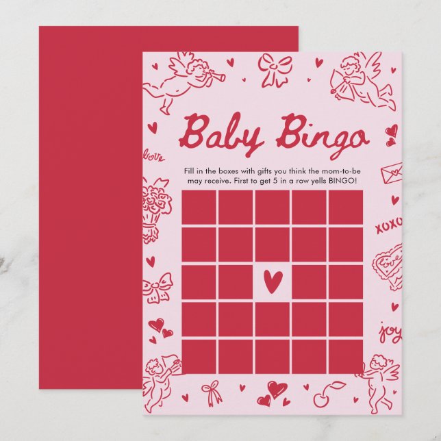 Hand Drawn Valentine Baby Bingo Baby Shower Game Inbjudningar (Fram/baksida)