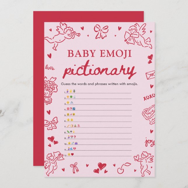 Hand Drawn Valentine Baby Emoji Pictionary Game Inbjudningar (Fram/baksida)