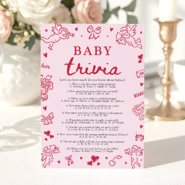 Hand Drawn Valentine Baby Shower Baby Trivia Game Inbjudningar (Hand Drawn Valentine Baby Shower Baby Trivia Game)