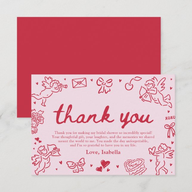 Hand Drawn Valentine Bridal Shower Thank You Card Inbjudningar (Fram/baksida)