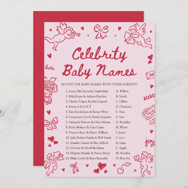 Hand Drawn Valentine Celebrity Baby Name Game Inbjudningar (Fram/baksida)