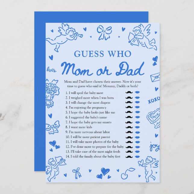 Hand Drawn Valentine Guess Who Mom or Dad Game Inbjudningar (Fram/baksida)