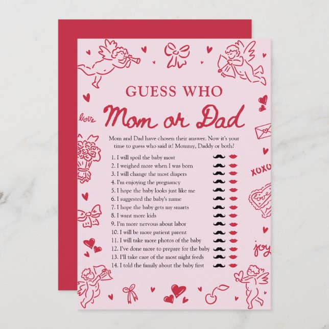 Hand Drawn Valentine Guess Who Mom or Dad Game Inbjudningar (Fram/baksida)