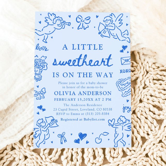 Hand Drawn Valentine Little Sweetheart Baby Shower Inbjudningar (Blue Hand Drawn Valentine Little Sweetheart Baby Shower Invitation)