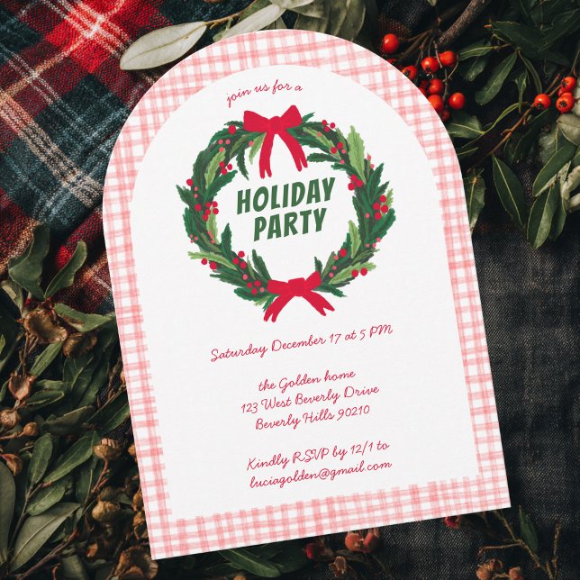 Hand Drawn Wand God Jul Party ARCH Gingham Inbjudningar (Hand-Drawn Wreath Christmas Party ARCH Gingham Invitation
)