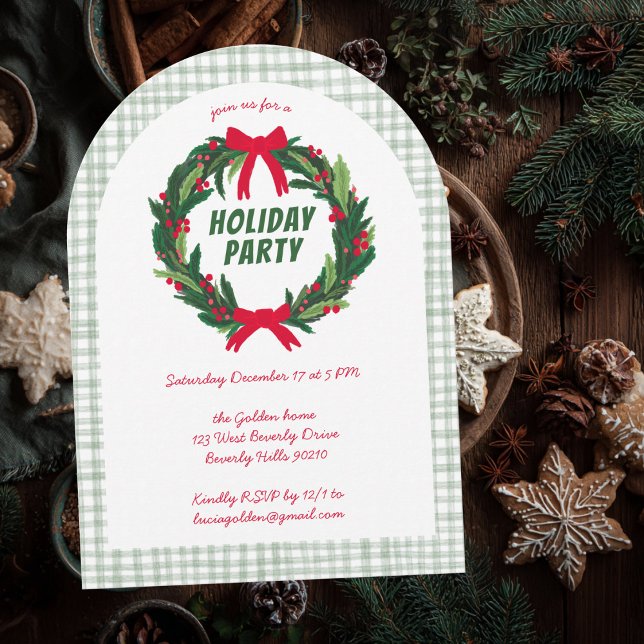 Hand Drawn Wand God Jul Party ARCH Gingham Inbjudningar (Hand-Drawn Wreath Christmas Party ARCH Gingham Invitation
)
