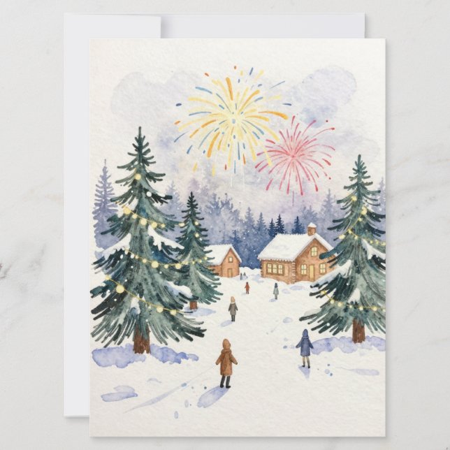 Hand-Drawn Watercolor Winter Village Celebration  Julkort (Framsida)