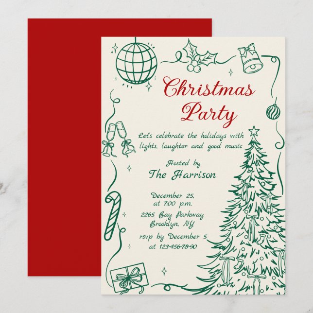 Hand Drawn Whimsical Christmas Holiday Party Inbjudningar (Fram/baksida)