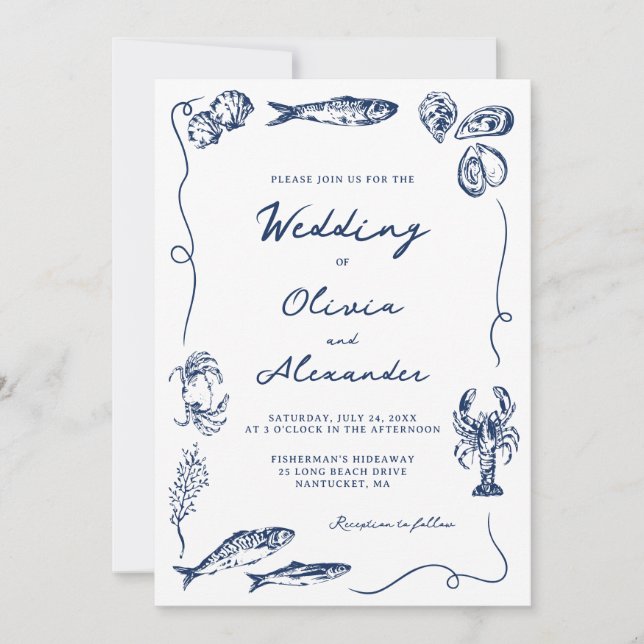 Hand Drawn Whimsical Coastal Navy Blue Wedding Inbjudningar (Framsida)
