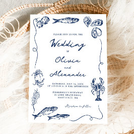 Hand Drawn Whimsical Coastal Navy Blue Wedding Inbjudningar