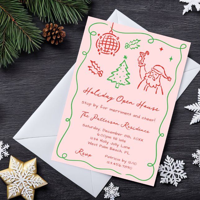 Hand Drawn Whimsical Doodle Christmas Open House Inbjudningar (Skapare uppladdad)