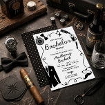 Hand Drawn Whimsical Doodles Bachelor Party Inbjudningar<br><div class="desc">Celebrate the groom-to-be in sophisticated style with this classic black and white bachelor party invitation. This design features whimsical hand-drawn elements, perfectly suited for a memorable guys' night: a bow tie, pocket watch, twinkling stars, and a pour of beer. Perfect for a dapper cocktail evening, a cigar bar celebration, or...</div>