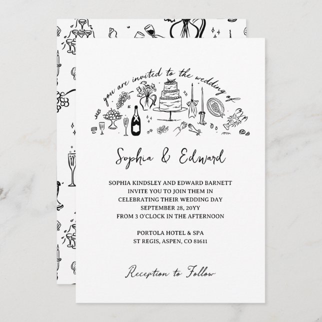 Hand-drawn whimsical line art wedding style inbjudningar (Fram/baksida)