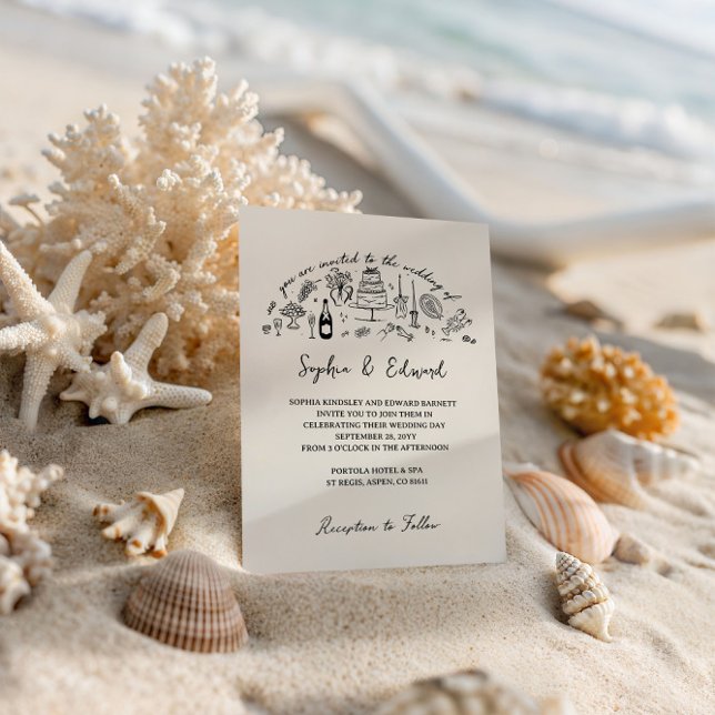 Hand-drawn whimsical line art wedding style inbjudningar (Skapare uppladdad)