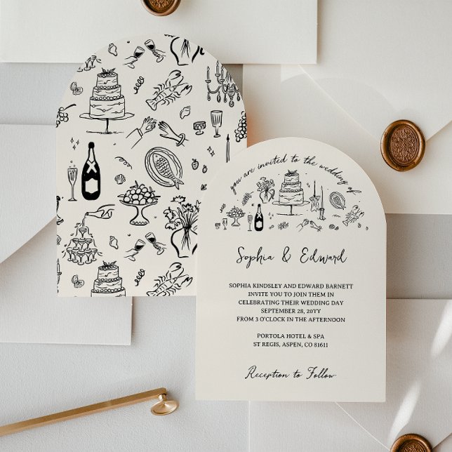 Hand-drawn whimsical line art wedding style inbjudningar (Skapare uppladdad)