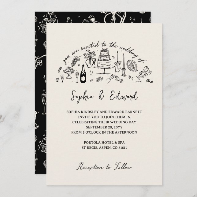 Hand-drawn whimsical line art wedding style inbjudningar (Fram/baksida)