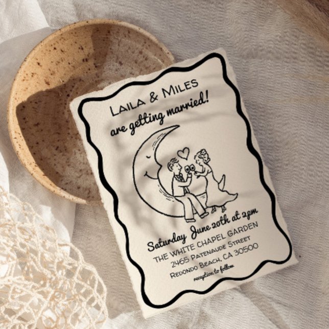 Hand Drawn Whimsical Moon wedding invitation Spara Datumet (Whimsical Moon Wedding invitation, Modern hand drawn invite)
