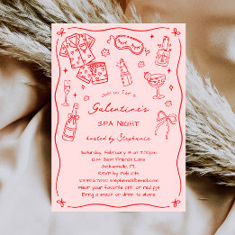 Hand Drawn Whimsical Pink Red Galentines Spa Party Inbjudningar