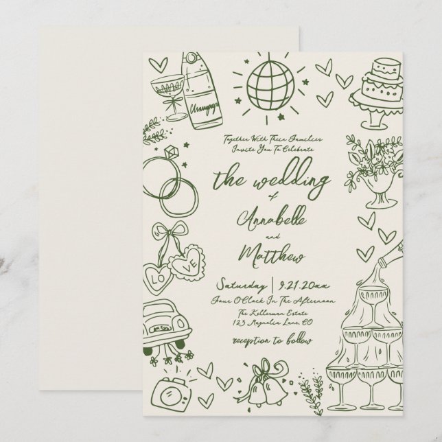 Hand Drawn Whimsical Retro Wedding Inbjudningar (Fram/baksida)