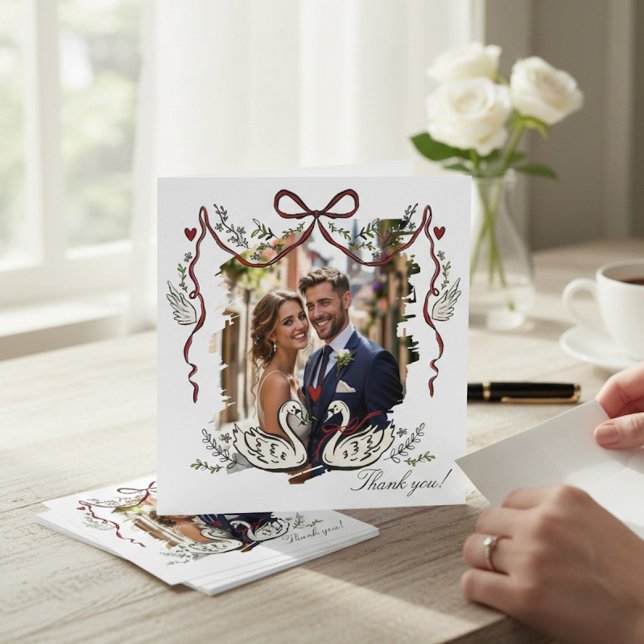 Hand Drawn  Whimsical Swans Photo Card Thank You Tack Kort (Skapare uppladdad)