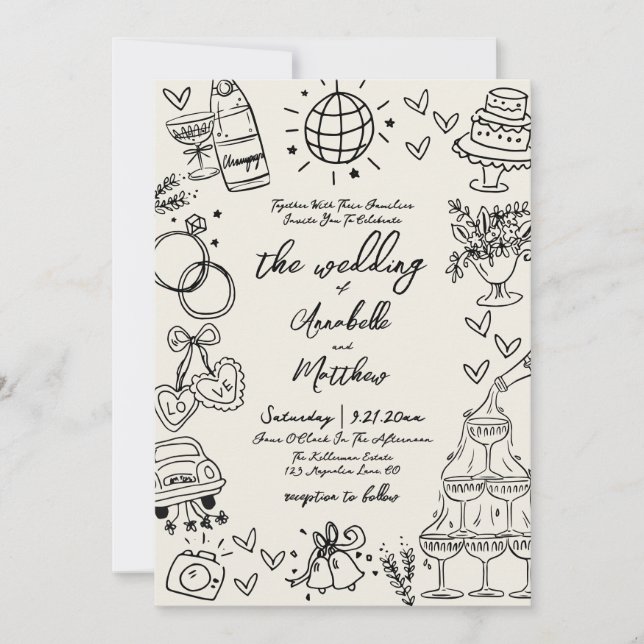 Hand Drawn Whimsical Vintage Wedding Inbjudningar (Framsida)